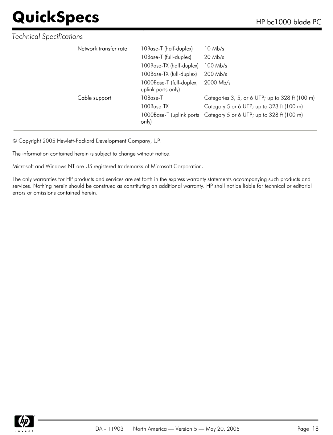 HP blade bc1000 manual Network transfer rate 