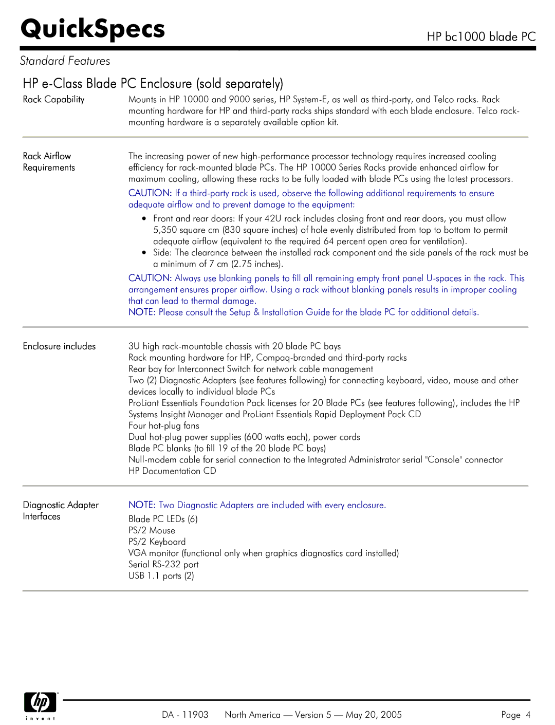 HP blade bc1000 manual HP e-Class Blade PC Enclosure sold separately, Rack Capability, Rack Airflow, Requirements 