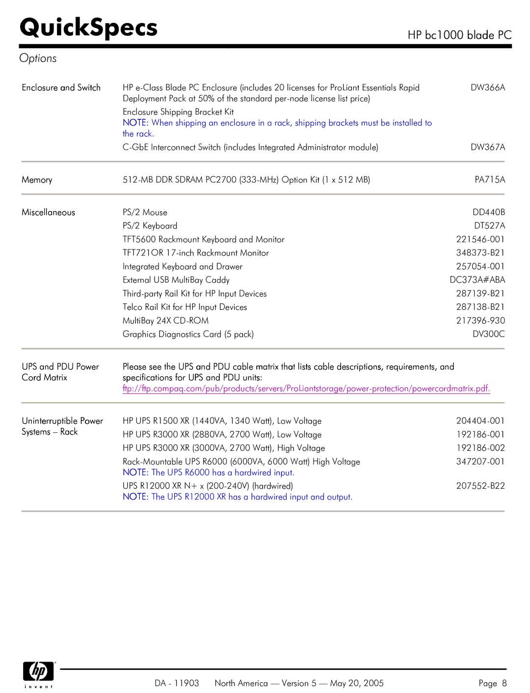 HP blade bc1000 manual Options, Enclosure and Switch, Miscellaneous, UPS and PDU Power 