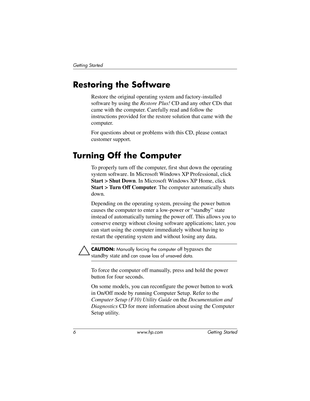 HP Blade Client manual Restoring the Software, Turning Off the Computer 