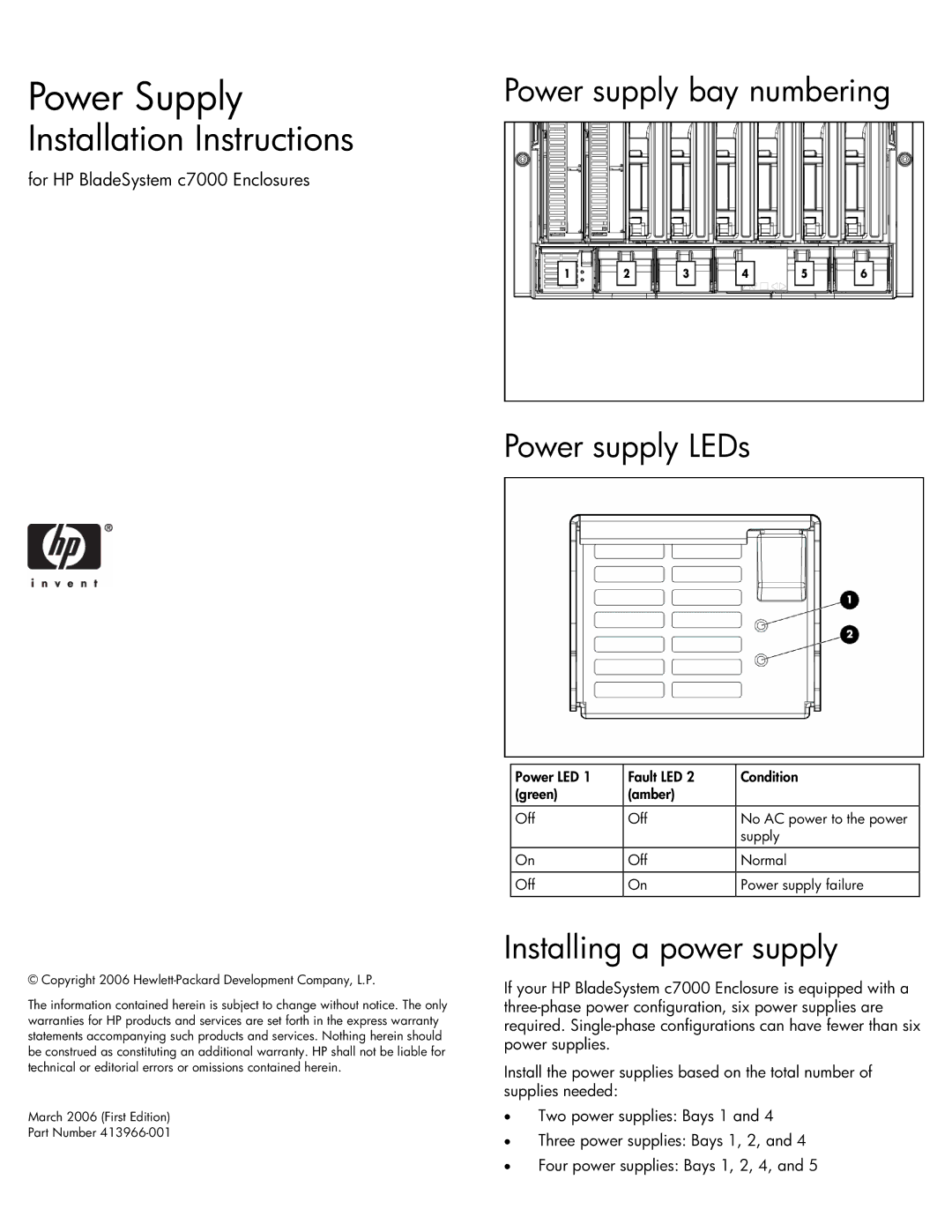 HP Blade System c7000 manual Power Supply, Installation Instructions, Power supply bay numbering Power supply LEDs 