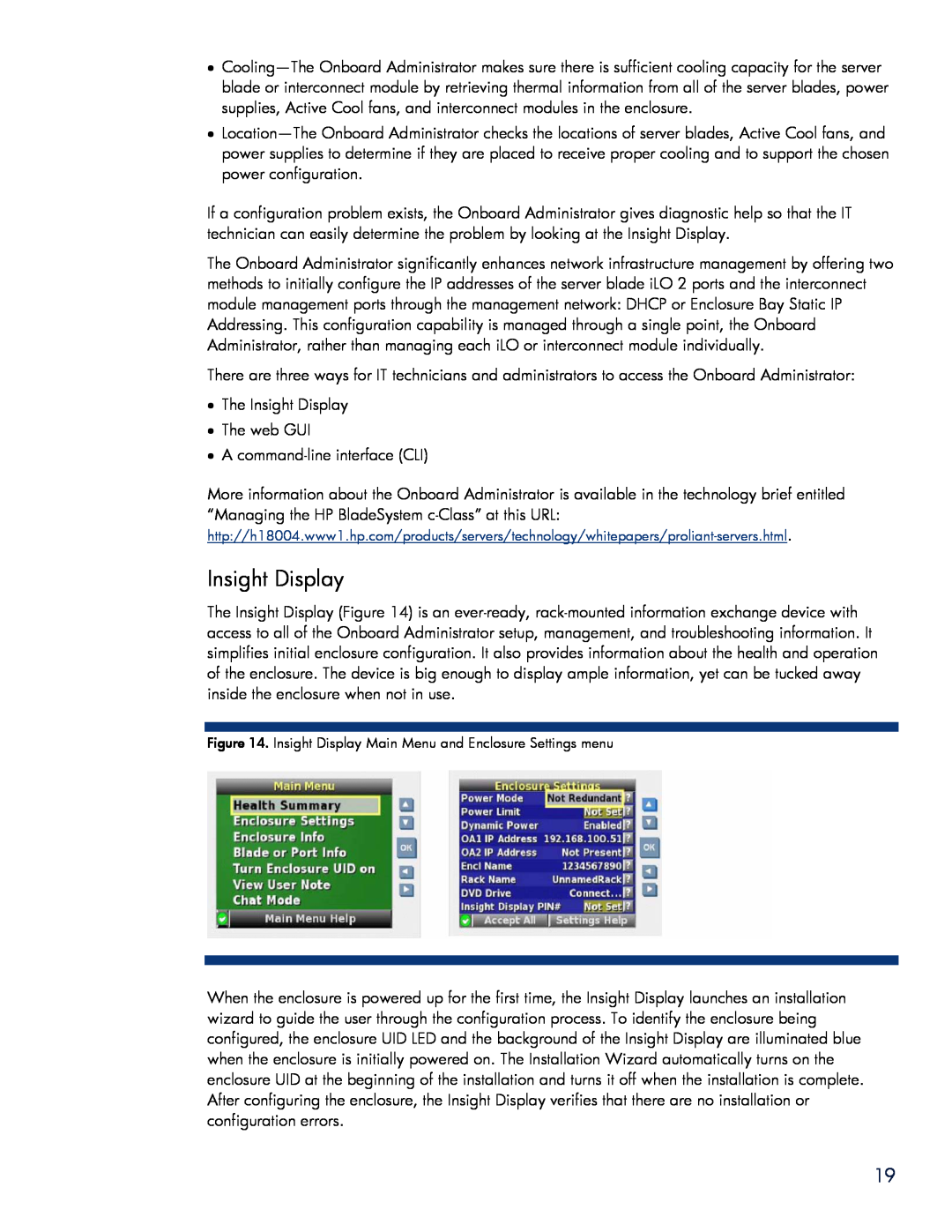 HP BladeSystem Enclosure technologies manual Insight Display 