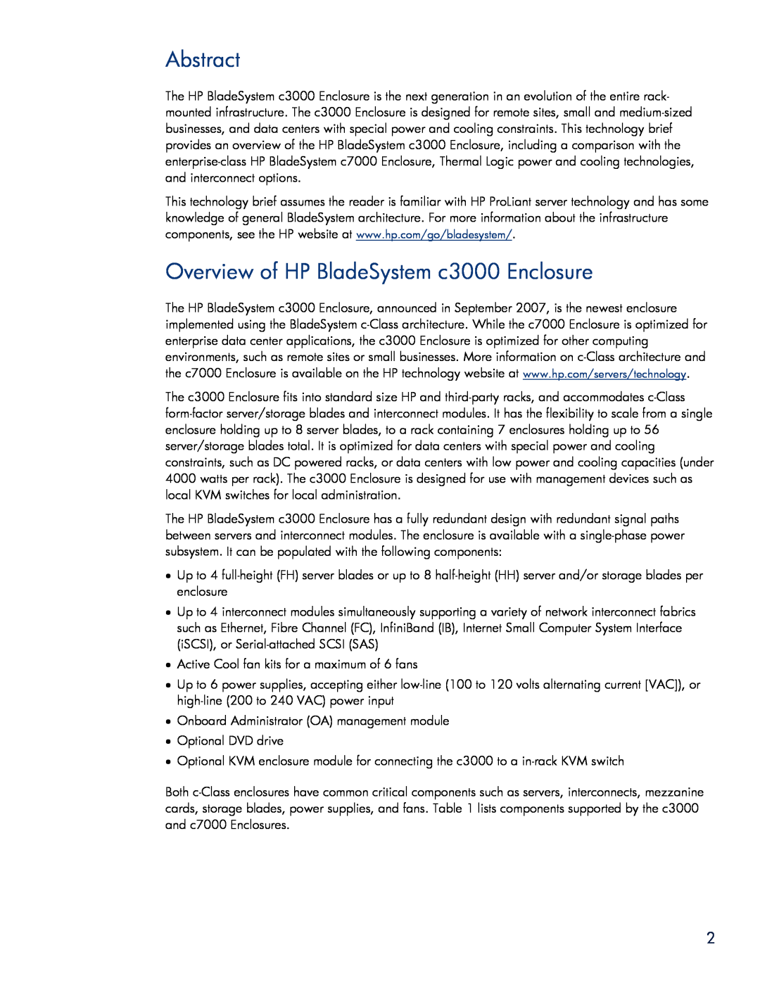 HP BladeSystem Enclosure technologies manual Abstract, Overview of HP BladeSystem c3000 Enclosure 