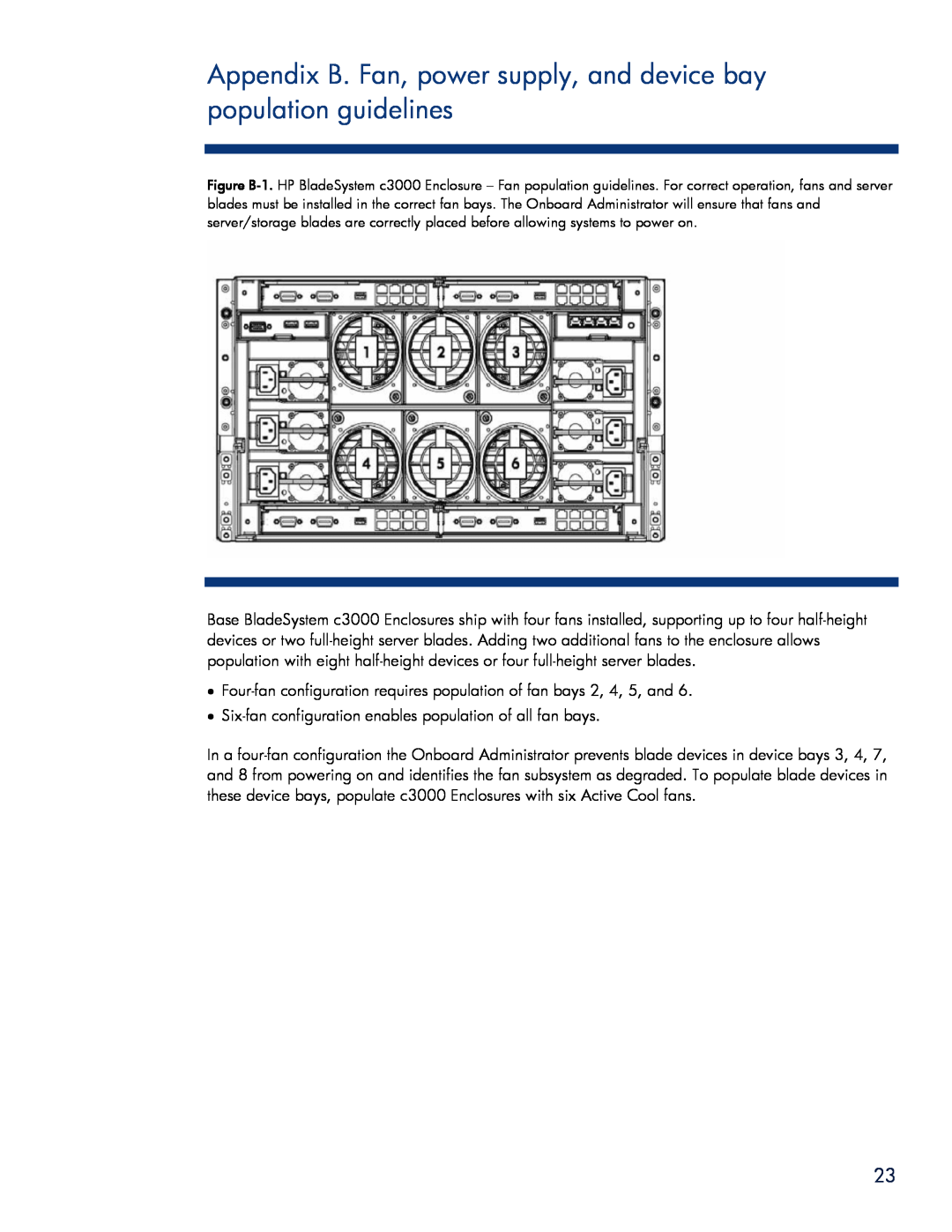HP BladeSystem Enclosure technologies manual Appendix B. Fan, power supply, and device bay population guidelines 