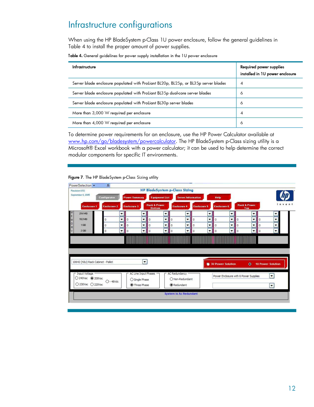 HP BladeSystem p-Class 1U manual Infrastructure configurations, HP BladeSystem p-Class Sizing utility 