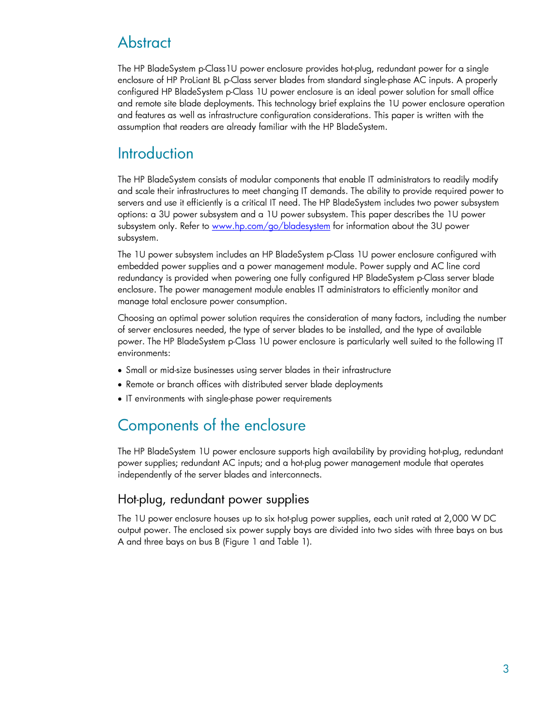 HP BladeSystem p-Class 1U manual Abstract, Introduction, Components of the enclosure, Hot-plug, redundant power supplies 