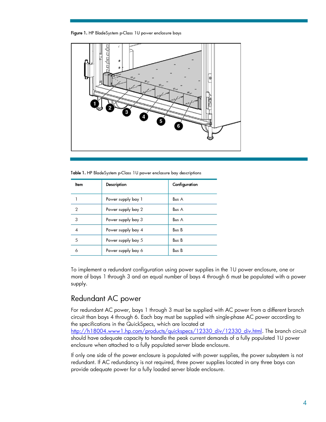 HP BladeSystem p-Class 1U manual Redundant AC power 