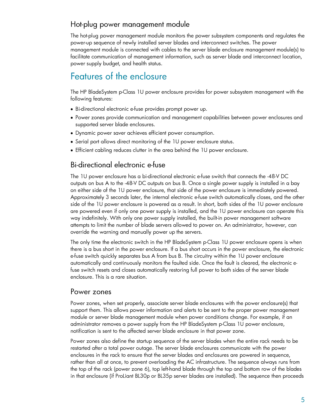 HP BladeSystem p-Class 1U Features of the enclosure, Hot-plug power management module, Bi-directional electronic e-fuse 