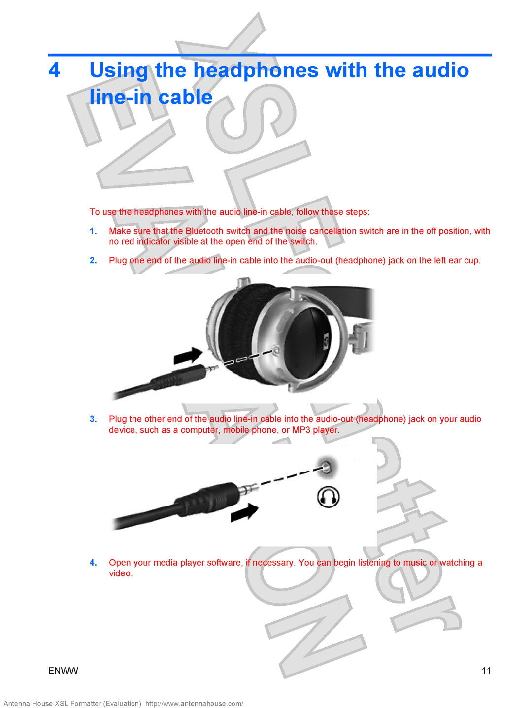 HP Bluetooth Active Noise Cancellation Stereo Headphones manual Using the headphones with the audio line-in cable 