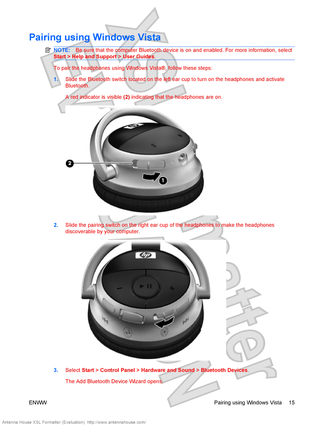 HP Bluetooth Active Noise Cancellation Stereo Headphones manual Pairing using Windows Vista 