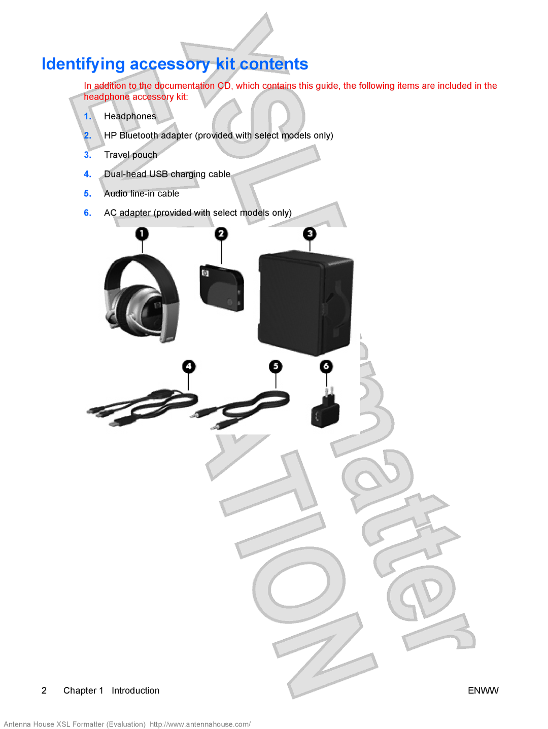 HP Bluetooth Active Noise Cancellation Stereo Headphones manual Identifying accessory kit contents 