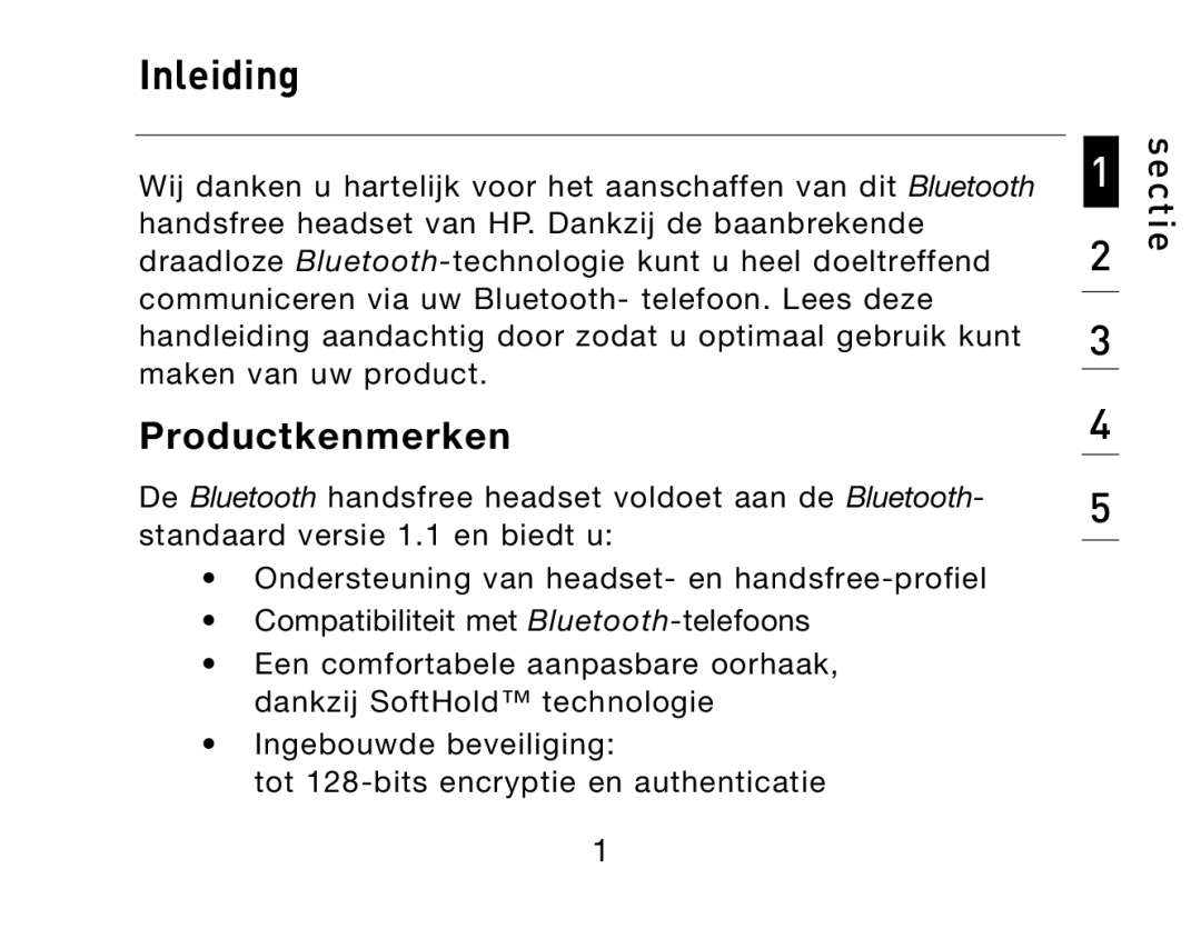 HP Bluetooth Hands-Free Headset F8T061ea manual Inleiding, Productkenmerken 