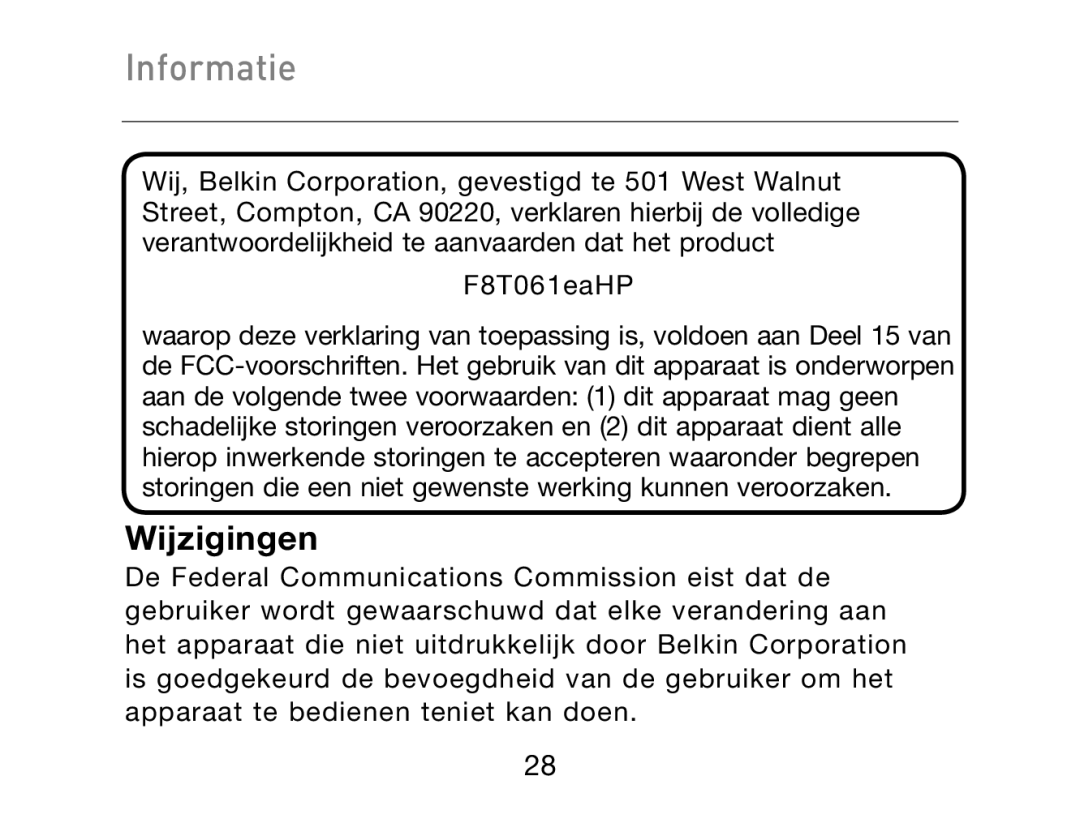 HP Bluetooth Hands-Free Headset F8T061ea manual Wijzigingen 