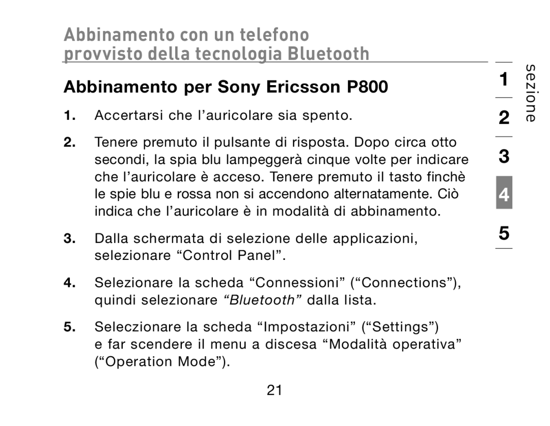 HP Bluetooth Hands-Free Headset F8T061ea manual Abbinamento per Sony Ericsson P800 