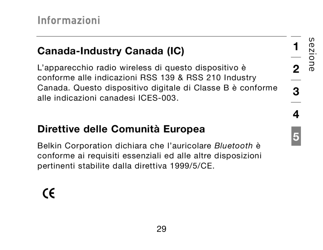 HP Bluetooth Hands-Free Headset F8T061ea manual Canada-Industry Canada IC, Direttive delle Comunità Europea 