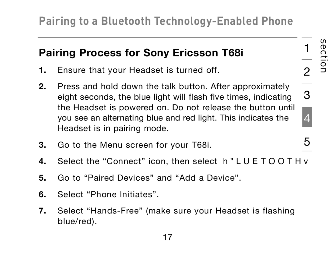 HP Bluetooth Hands-Free Headset F8T061ea manual Pairing Process for Sony Ericsson T68i 