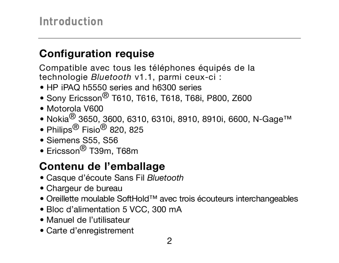 HP Bluetooth Hands-Free Headset F8T061ea manual Configuration requise, Contenu de l’emballage 