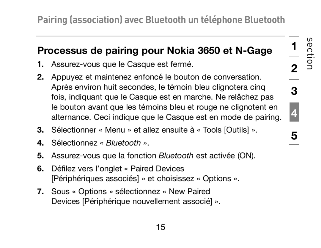 HP Bluetooth Hands-Free Headset F8T061ea manual Processus de pairing pour Nokia 3650 et N-Gage 