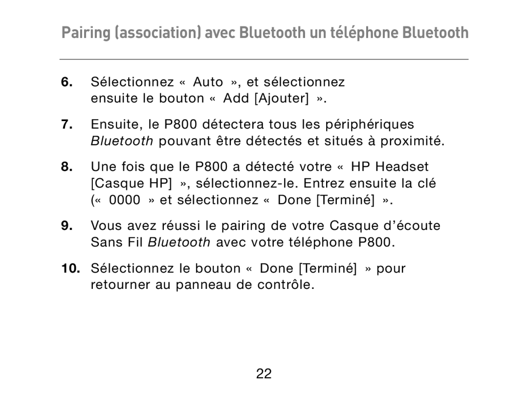 HP Bluetooth Hands-Free Headset F8T061ea manual Pairing association avec Bluetooth un téléphone Bluetooth 