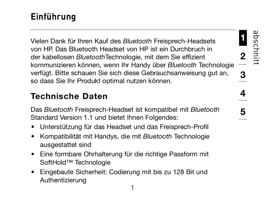 HP Bluetooth Hands-Free Headset F8T061ea manual Einführung, Technische Daten 