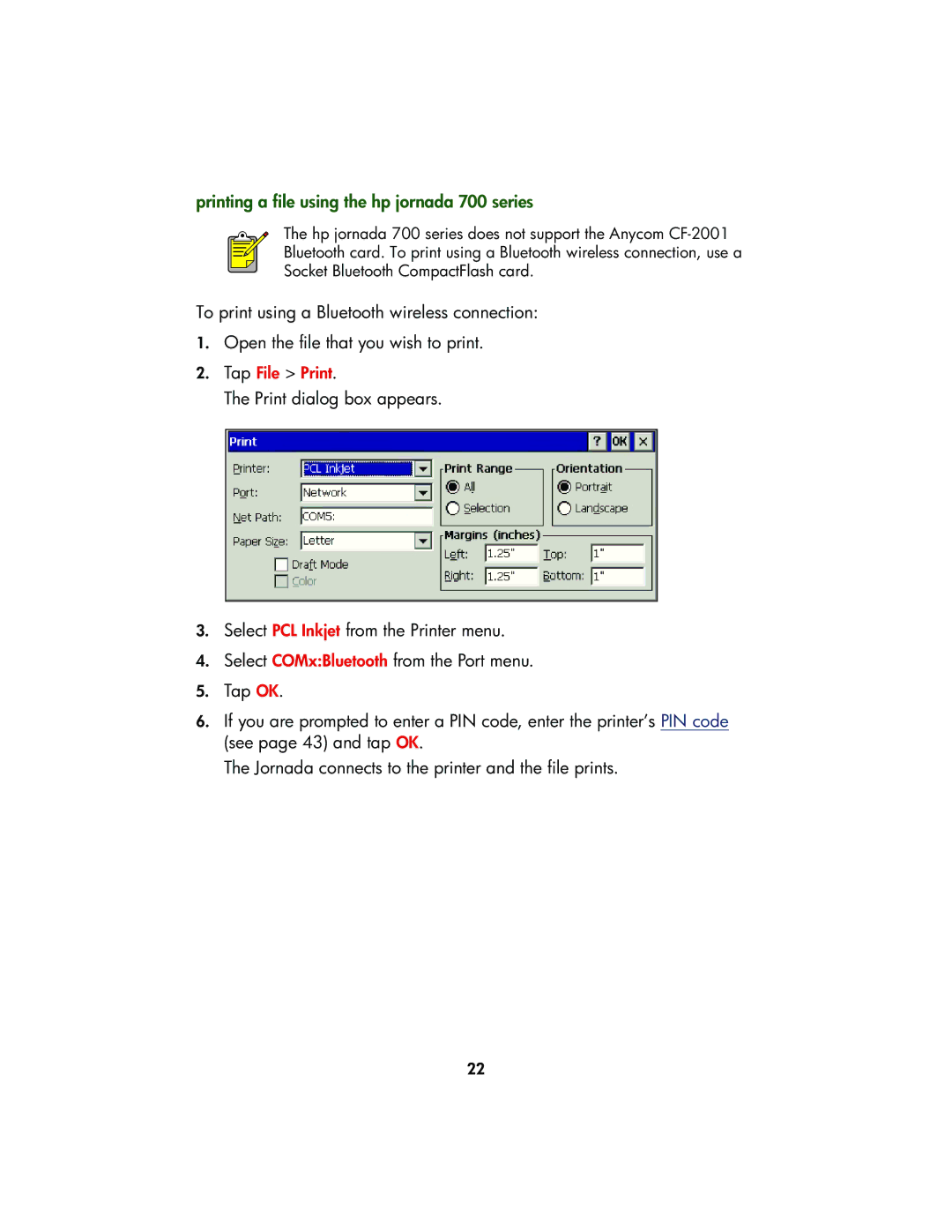 HP Bluetooth printing 450 mobile 450 manual Printing a file using the hp jornada 700 series 