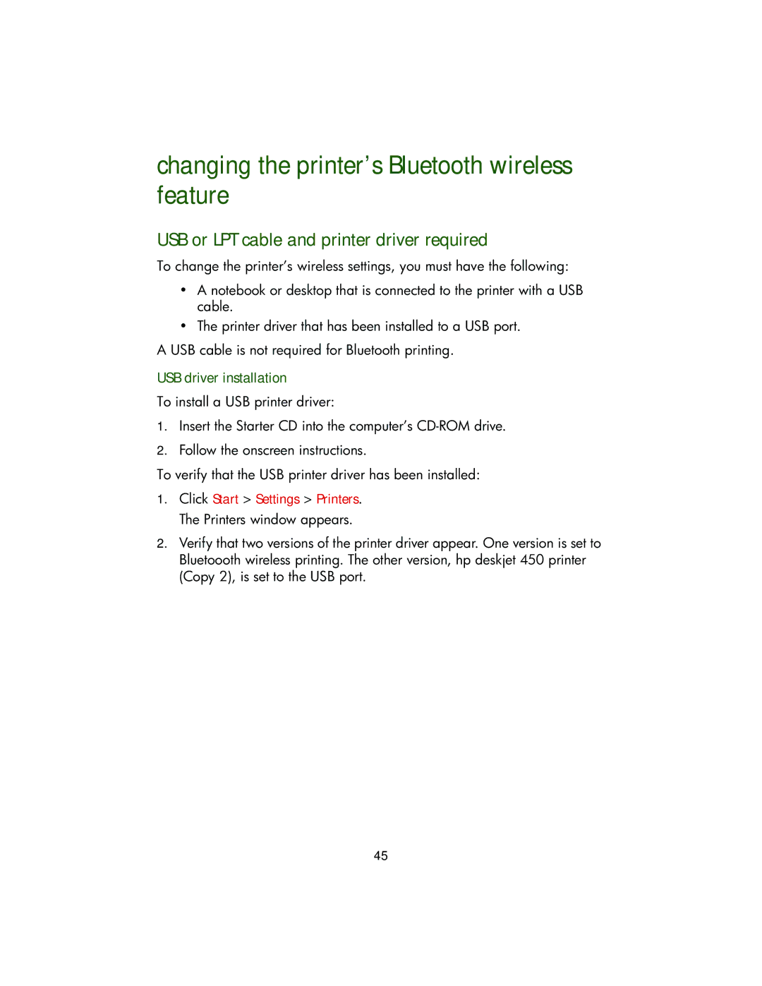 HP Bluetooth printing 450 mobile 450 manual Changing the printer’s Bluetooth wireless feature, USB driver installation 