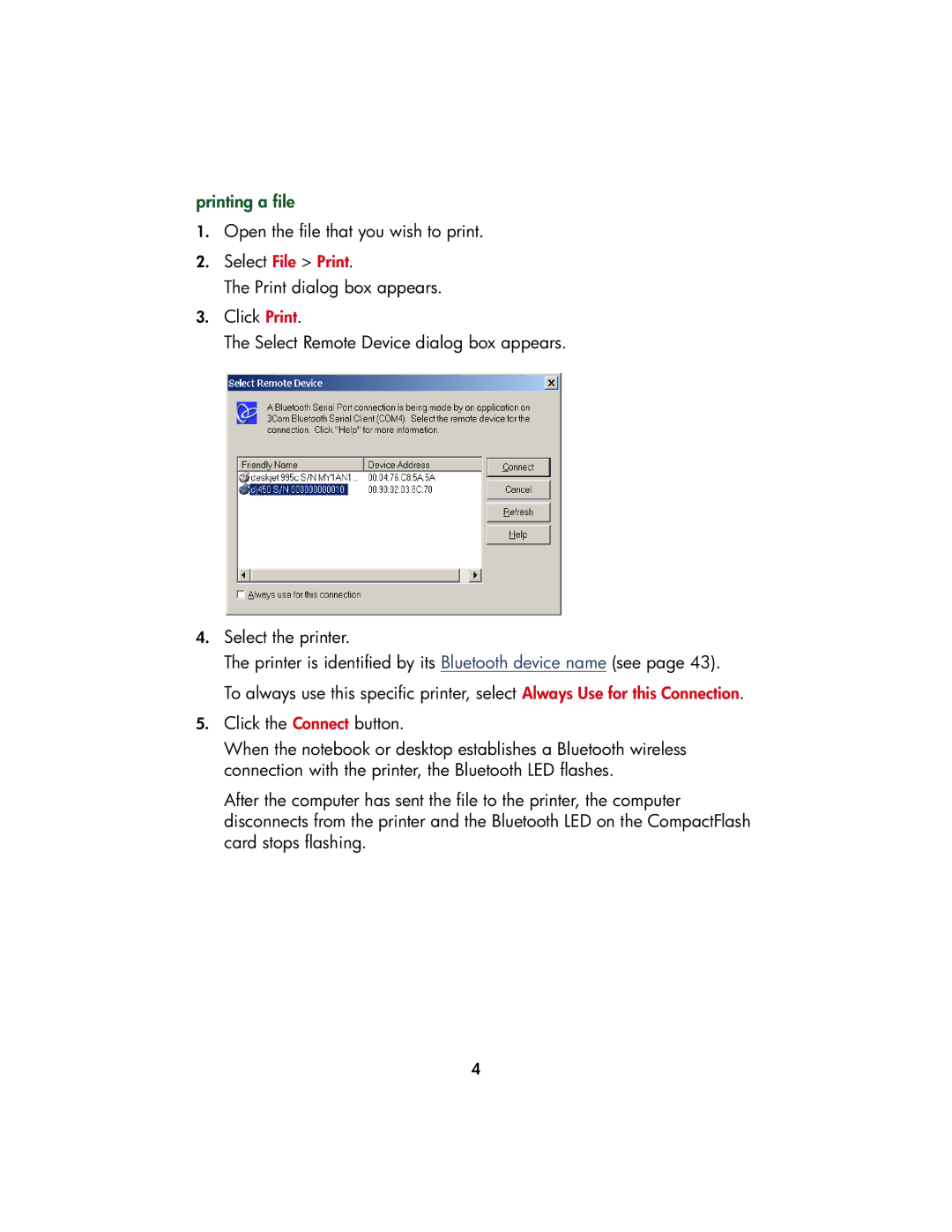 HP Bluetooth printing 450 mobile 450 manual Printing a file, Click the Connect button 