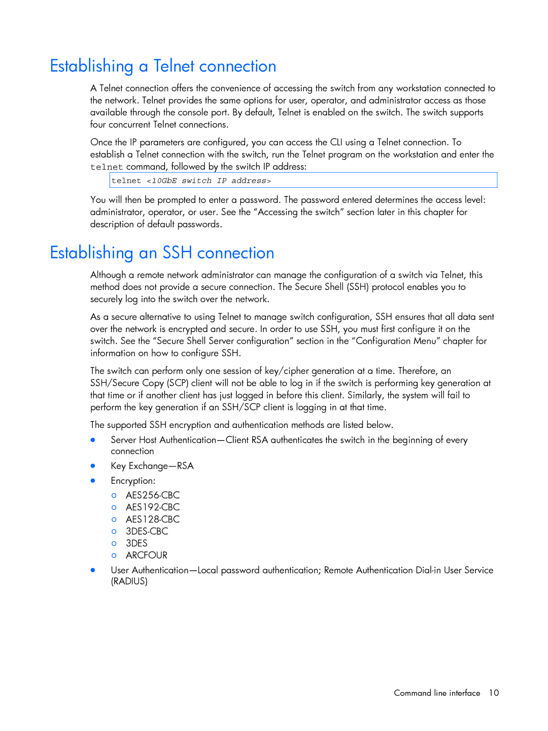 HP BMD00022 manual Establishing a Telnet connection, Establishing an SSH connection, 3DES, Telnet 10GbE switch IP address 