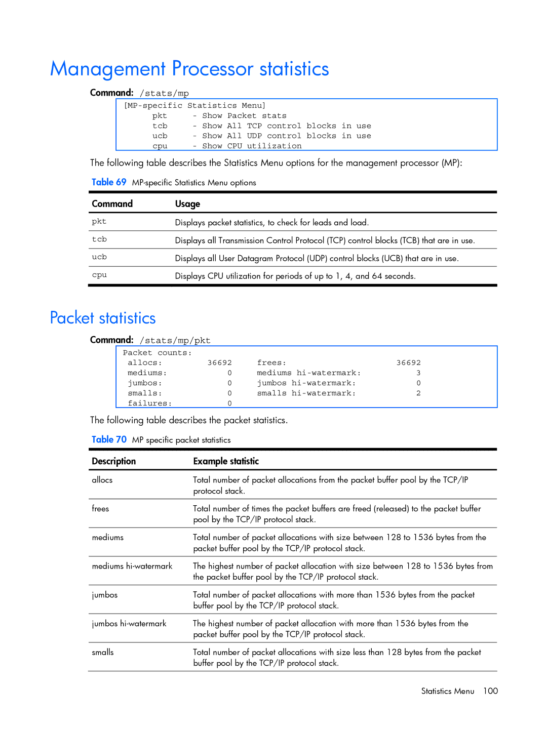 HP BMD00022 manual Management Processor statistics, Packet statistics, Command /stats/mp/pkt 