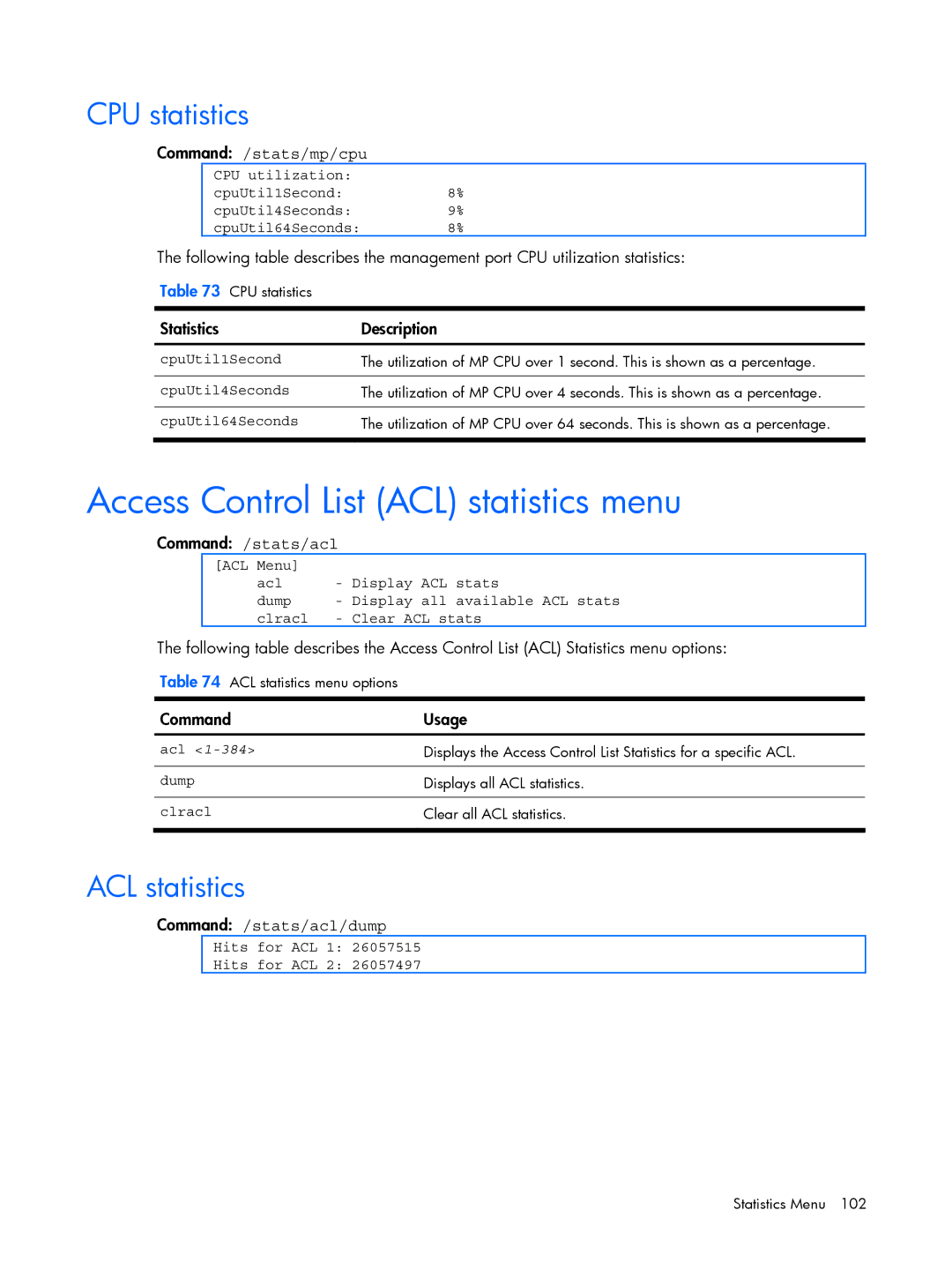 HP BMD00022 manual Access Control List ACL statistics menu, CPU statistics 