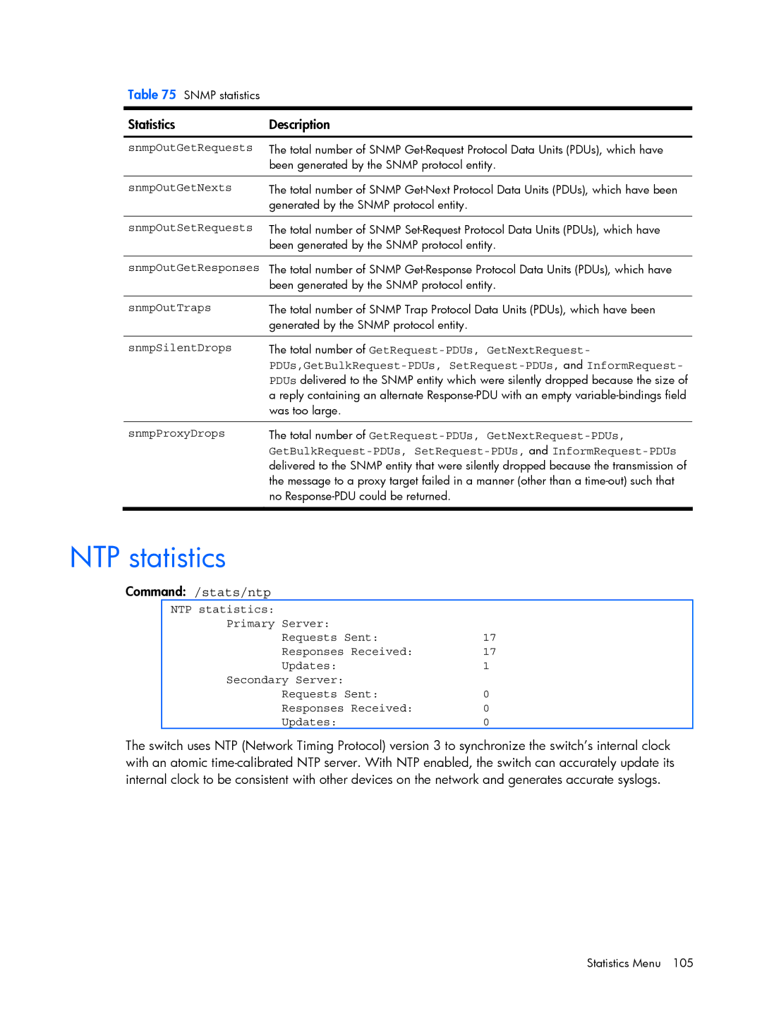 HP BMD00022 manual NTP statistics, Command /stats/ntp 