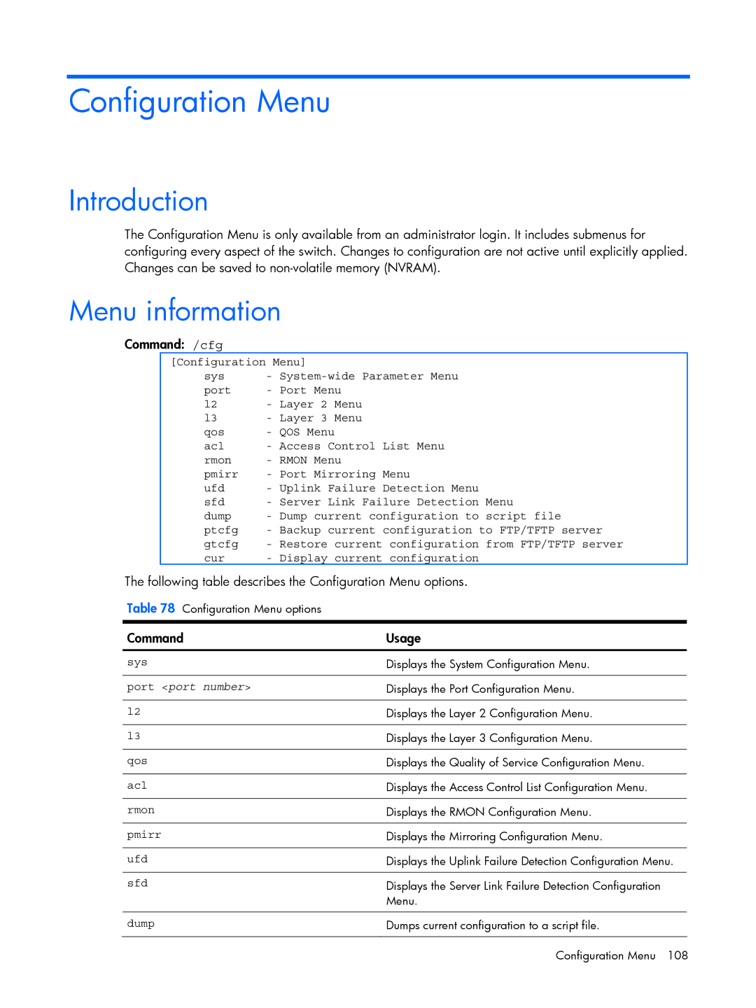 HP BMD00022 manual Command /cfg, Following table describes the Configuration Menu options 