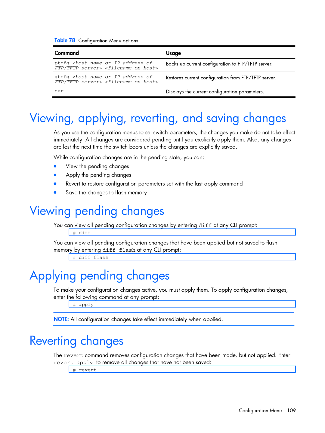 HP BMD00022 manual Viewing, applying, reverting, and saving changes, Viewing pending changes, Applying pending changes 