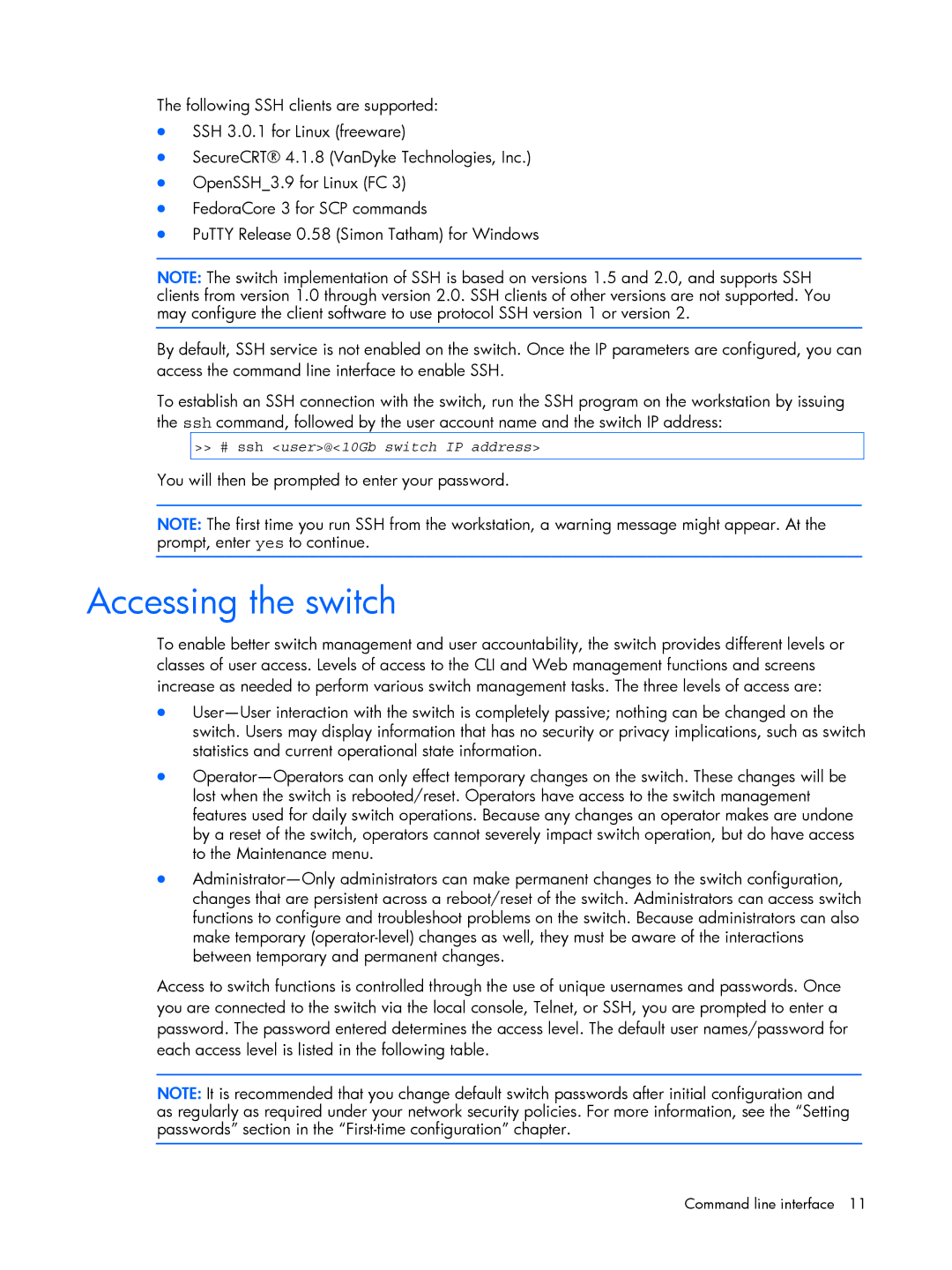 HP BMD00022 Accessing the switch, You will then be prompted to enter your password, # ssh user@10Gb switch IP address 