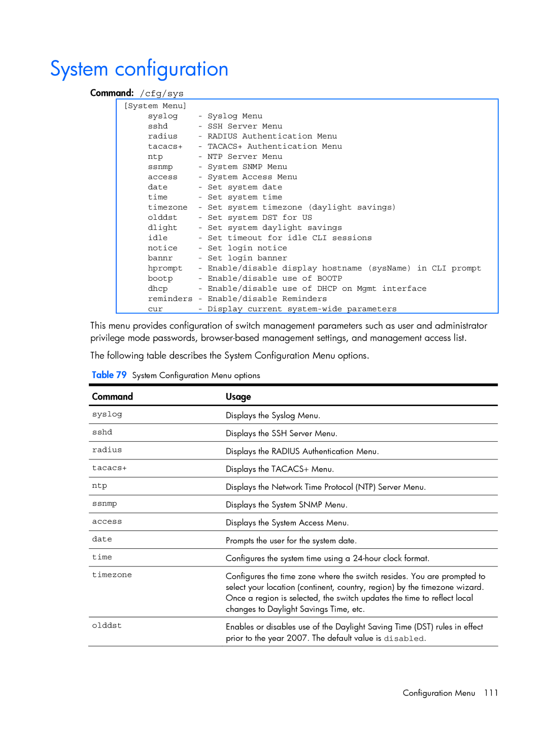 HP BMD00022 manual System configuration, Command /cfg/sys 