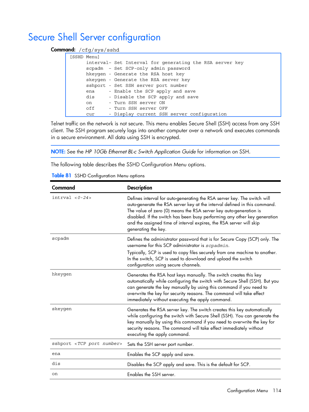 HP BMD00022 manual Secure Shell Server configuration, Command /cfg/sys/sshd, Intrval, Sshport TCP port number 