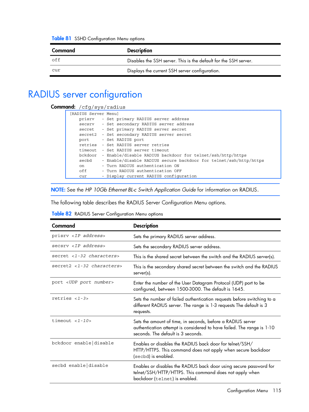 HP BMD00022 manual Radius server configuration, Command /cfg/sys/radius 