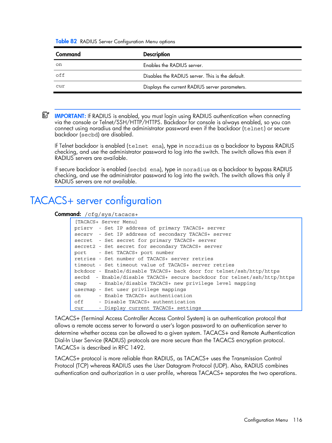 HP BMD00022 manual TACACS+ server configuration, Command /cfg/sys/tacacs+ 