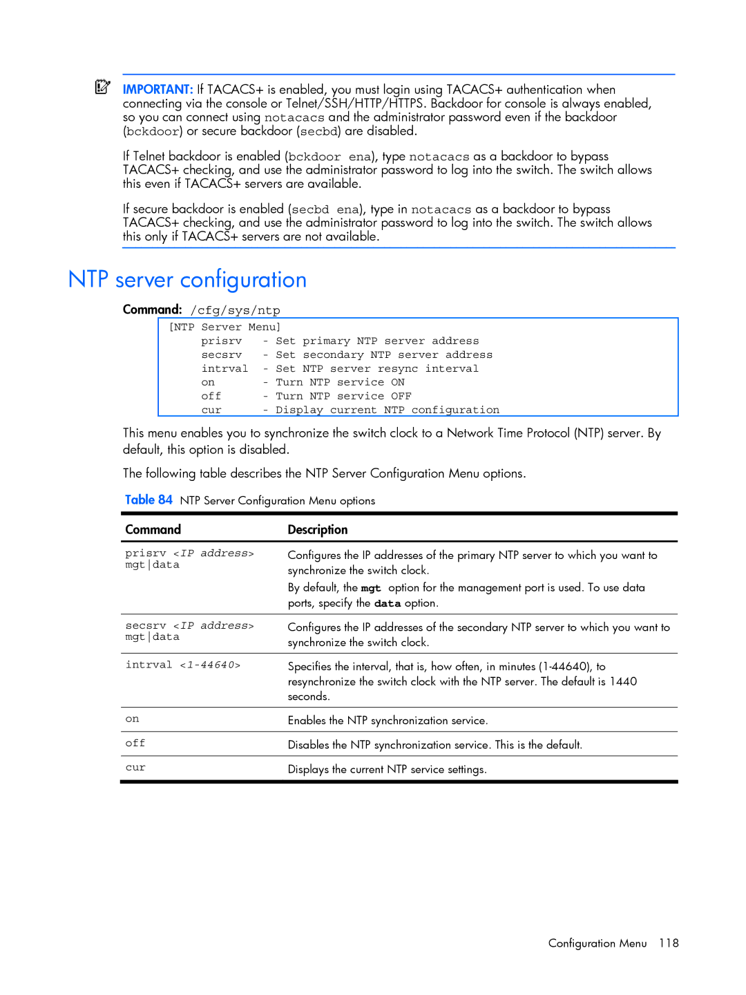 HP BMD00022 manual NTP server configuration, Command /cfg/sys/ntp, Mgtdata 