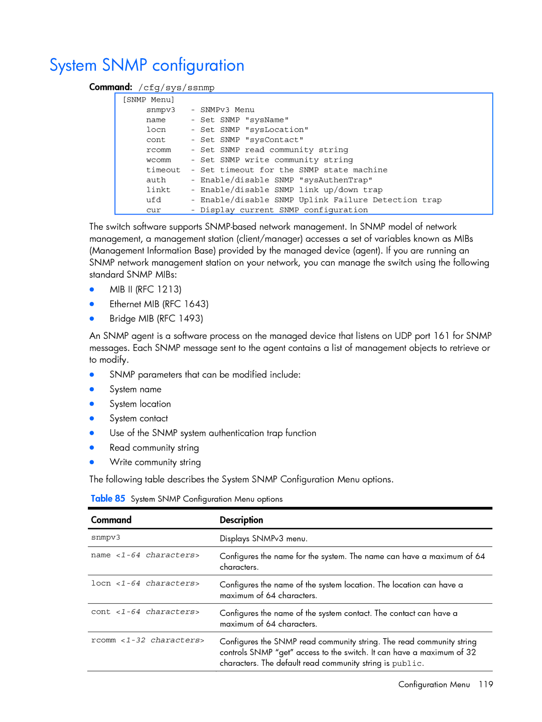 HP BMD00022 manual System Snmp configuration, Command /cfg/sys/ssnmp 