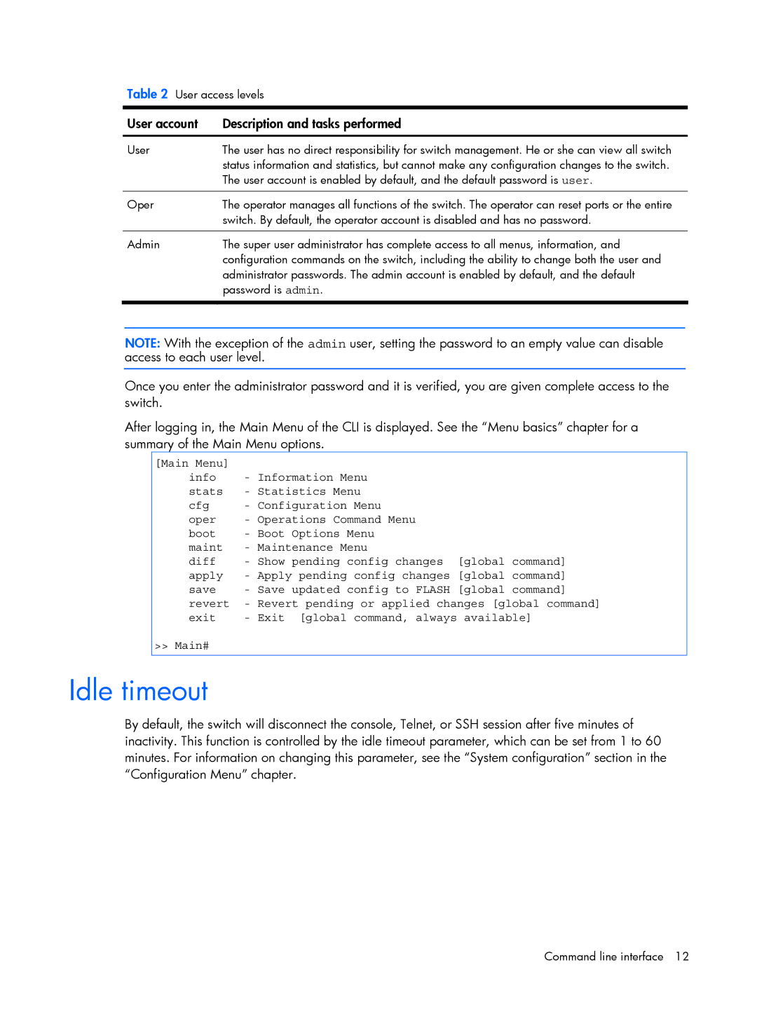 HP BMD00022 manual Idle timeout, User account Description and tasks performed 