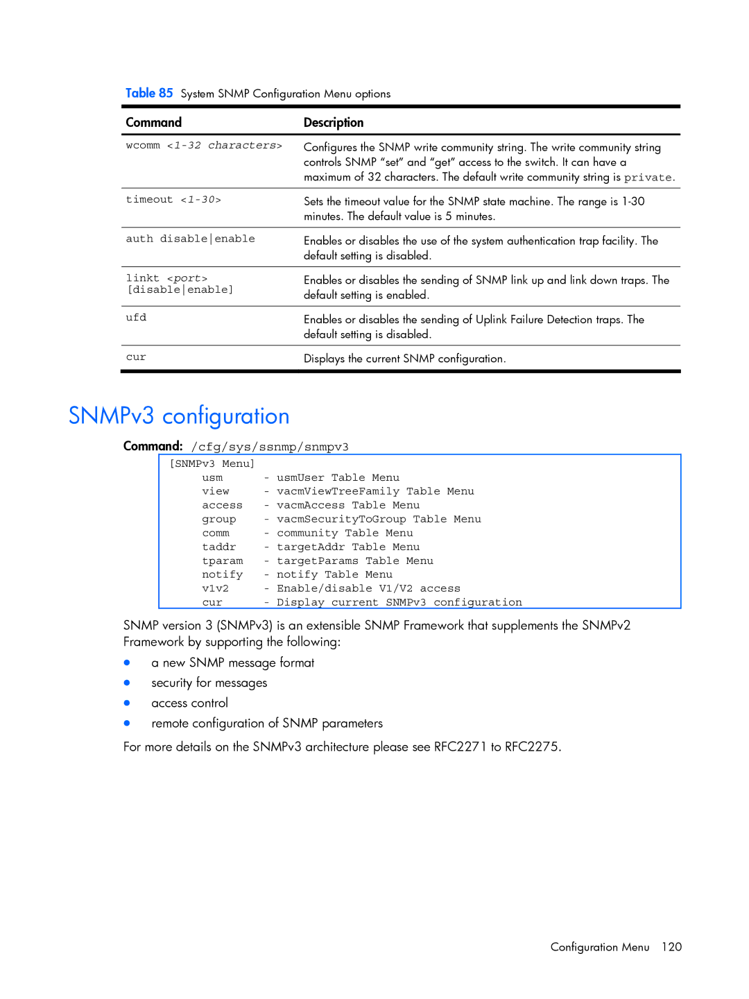 HP BMD00022 manual SNMPv3 configuration, Command /cfg/sys/ssnmp/snmpv3, Wcomm 1-32 characters 