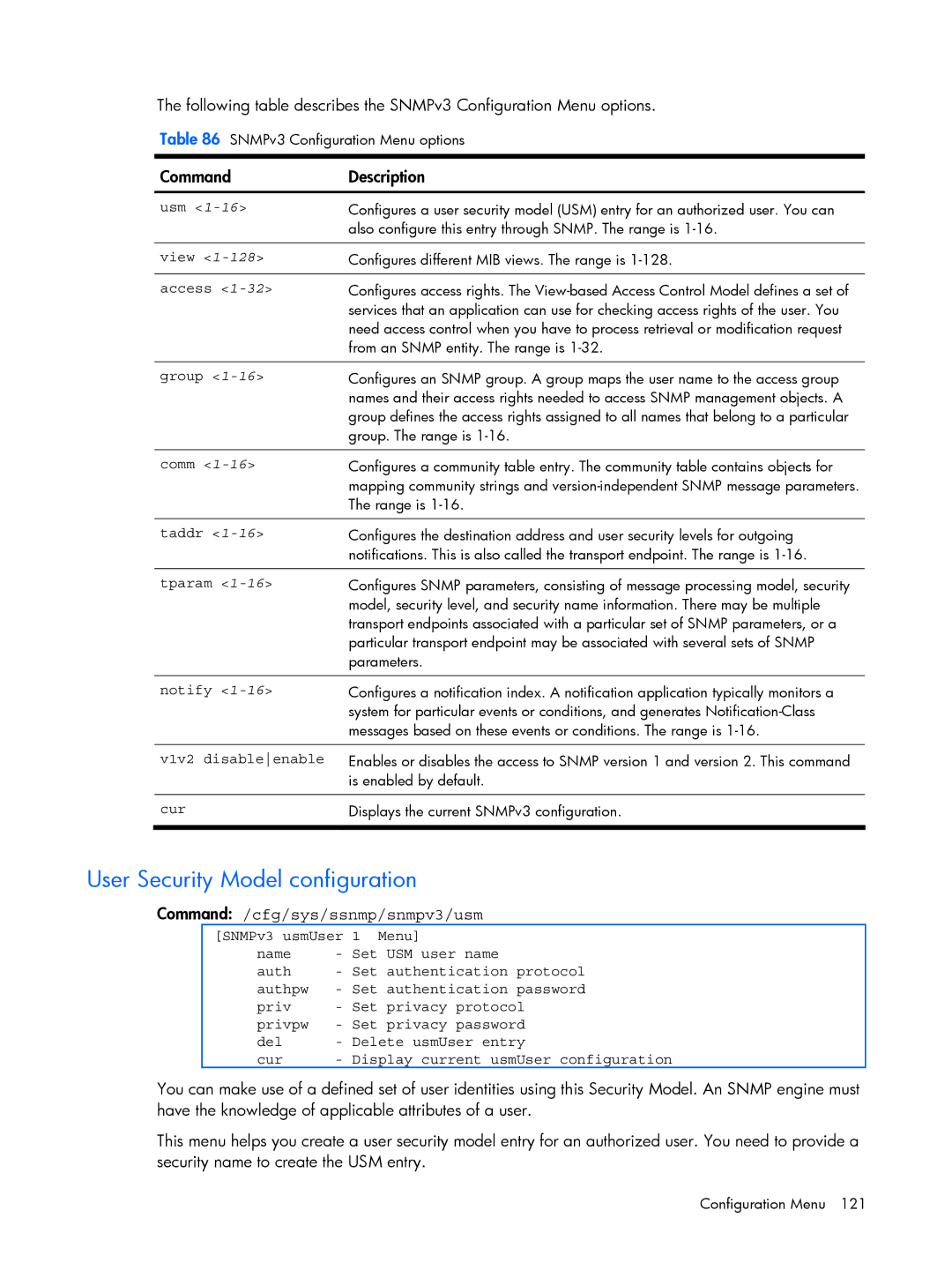 HP BMD00022 manual User Security Model configuration, Command /cfg/sys/ssnmp/snmpv3/usm, V1v2 disableenable 