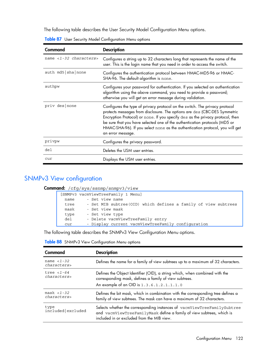 HP BMD00022 manual SNMPv3 View configuration, Command /cfg/sys/ssnmp/snmpv3/view, Name 1-32 characters, Characters 