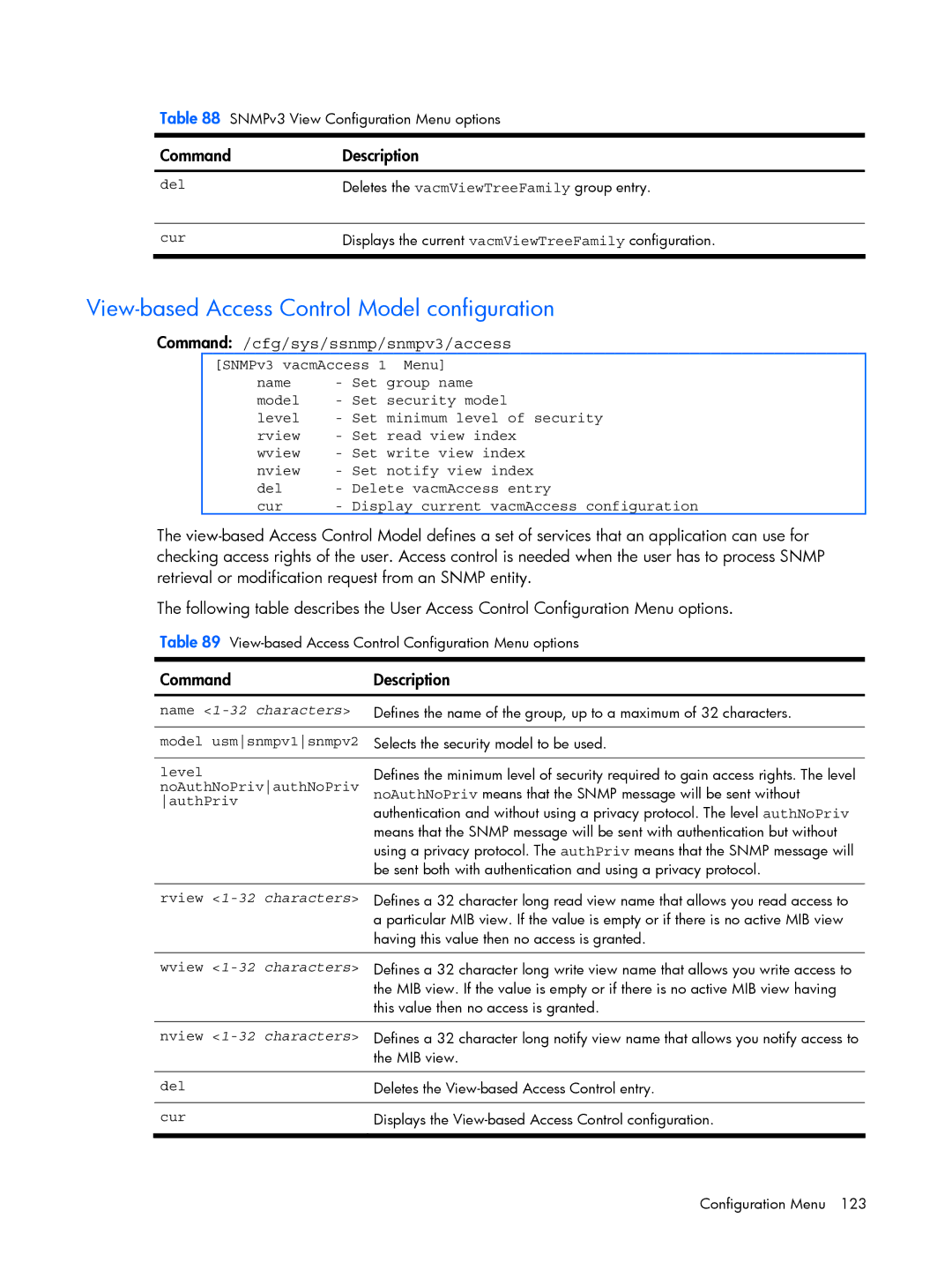 HP BMD00022 View-based Access Control Model configuration, Command /cfg/sys/ssnmp/snmpv3/access, Rview 1-32 characters 