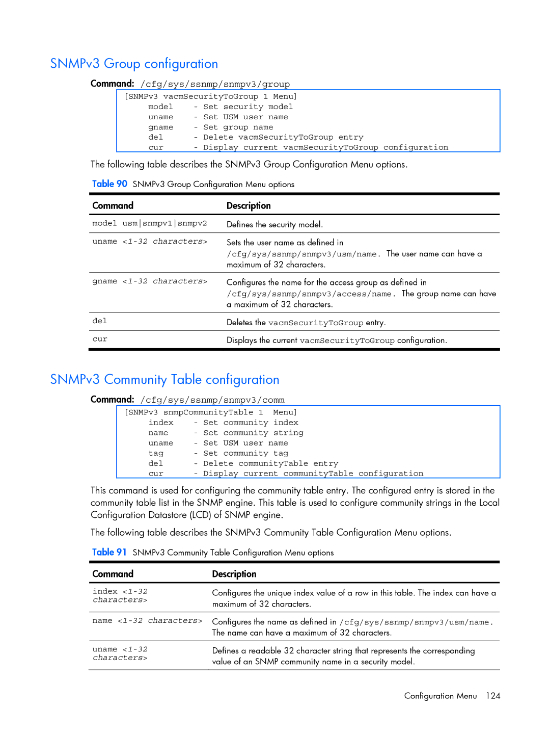 HP BMD00022 manual SNMPv3 Group configuration, SNMPv3 Community Table configuration, Command /cfg/sys/ssnmp/snmpv3/group 