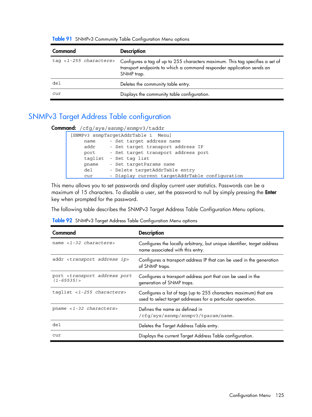 HP BMD00022 manual SNMPv3 Target Address Table configuration, Command /cfg/sys/ssnmp/snmpv3/taddr 