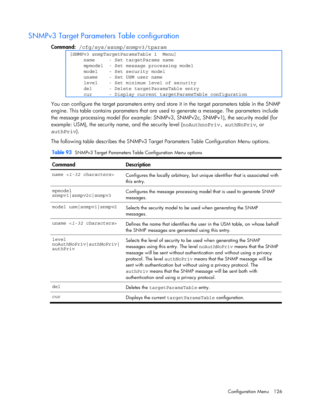 HP BMD00022 manual SNMPv3 Target Parameters Table configuration, Command /cfg/sys/ssnmp/snmpv3/tparam, AuthPriv 