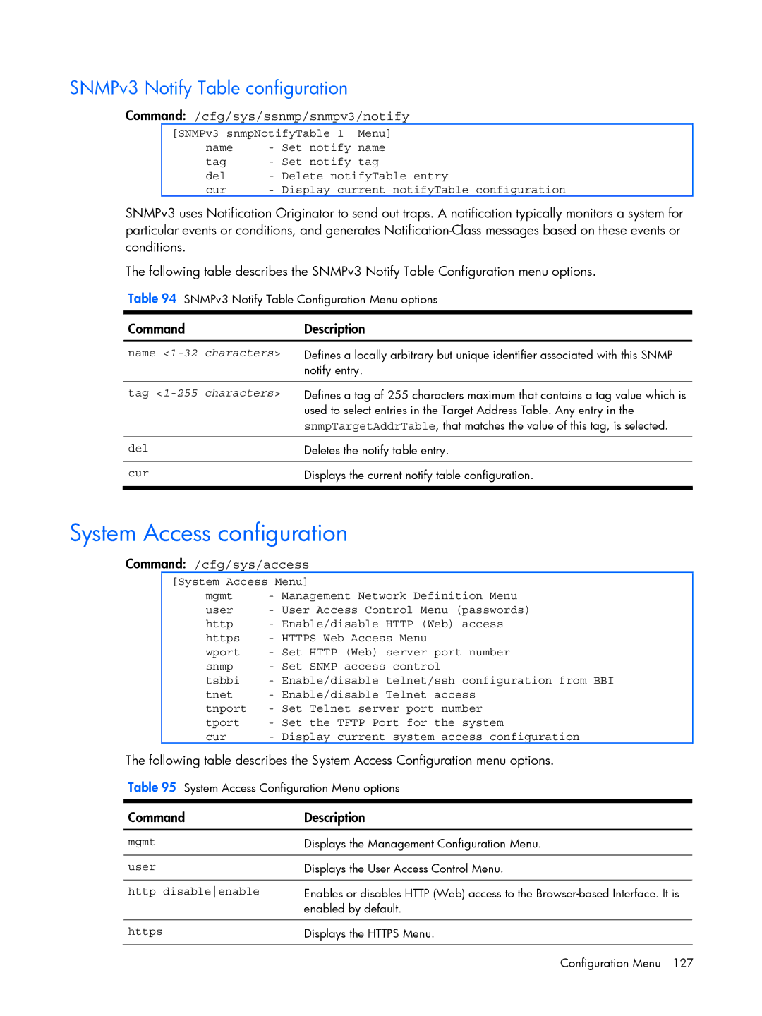 HP BMD00022 manual System Access configuration, SNMPv3 Notify Table configuration, Command /cfg/sys/ssnmp/snmpv3/notify 