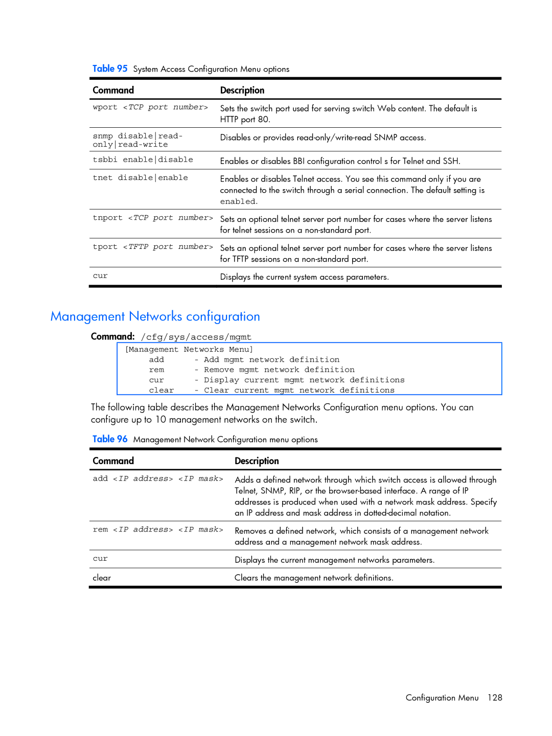 HP BMD00022 manual Management Networks configuration, Command /cfg/sys/access/mgmt 